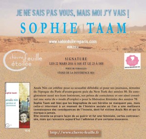 Invitation signature Anaïs Nin sophie taam salon du livre de Paris