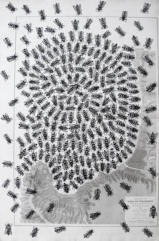Franck Saïssi "Rade de Valparaiso aux abeilles", encre sur carte du De Sonis, 120x80cm.